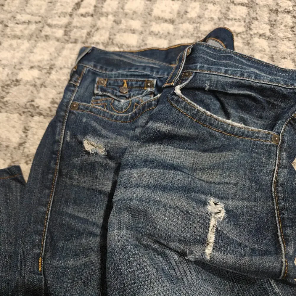 True Religion Ricky Relaxed Straight Jeans Men's 38 Flap Pocket Distressed Blue